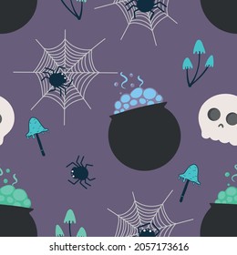 Halloween sweet candy seamless pattern background.Endless background with pumpkins, skulls, spiders, ghosts, bones, candy, cobwebs.Vector illustration for design, fabric or wrapping paper.