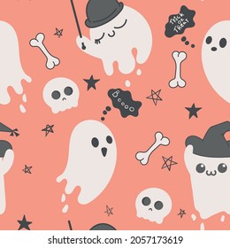 Halloween sweet candy seamless pattern background.Endless background with pumpkins, skulls, spiders, ghosts, bones, candy, cobwebs.Vector illustration for design, fabric or wrapping paper.