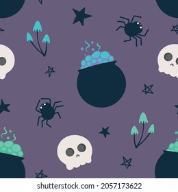 Halloween sweet candy seamless pattern background.Endless background with pumpkins, skulls, spiders, ghosts, bones, candy, cobwebs.Vector illustration for design, fabric or wrapping paper.