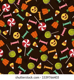 Halloween Sweet colorful Candy Seamless Pattern elements and ornaments on solid background. Many types spooky dessert