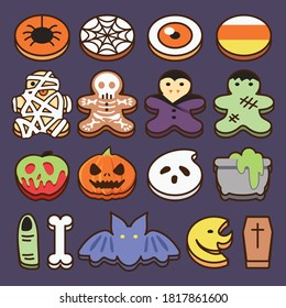 Halloween sweet cookies collection: spider, eyeballs, gingerbread, Skelton, ghost, poison apple, pumpkin head, witch, bat, moon. Holiday treat design icon vector illustration flat drawing.