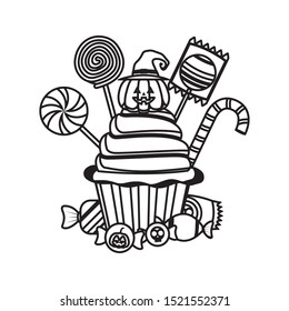 halloween sweet cupcake and candies vector illustration design