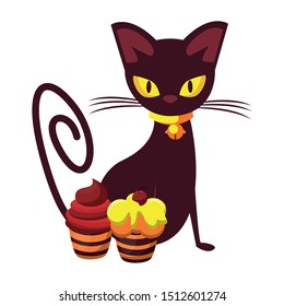 halloween sweet cupcake with cat vector illustration design