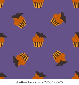 Halloween sweet cupcake pattern. sweet candies, scary bat lollipop and sweets. Vector Image.