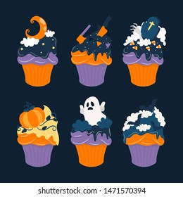 Halloween Sweet Cupcake. Set of Halloween Cupcake. Happy Halloween. Pumpkin, Cat, Bat, Moon, Ghost, Skull, Witch, Eye Ball, Cemetery. Vector - Illustration