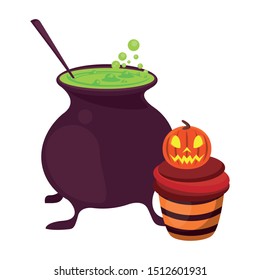 halloween sweet cupcake with witch cauldron vector illustration design