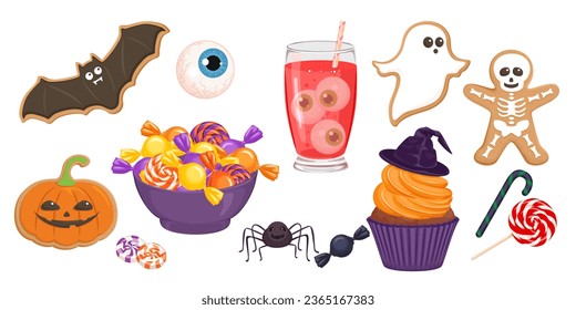 Comida dulce de Halloween. Dibujo vectorial de caramelos temibles, pan de jengibre, quequitos y bebidas.