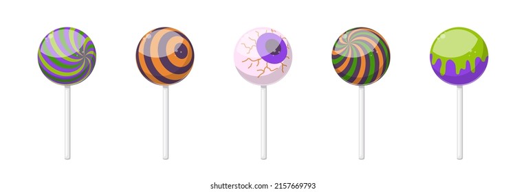 Halloween sweet lollipops, round hard sugar candies on stick. Vector cartoon set of caramel suckers with swirly patterns, bonbon on stick with pattern of stripes, eyeball and drips