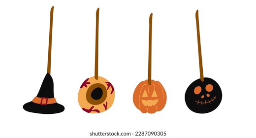 Halloween sweet lollipops, round hard sugar candies on stick. Vector cartoon set of caramel suckers with swirly patterns, bonbon on stick with pattern of stripes, eyeball and drips