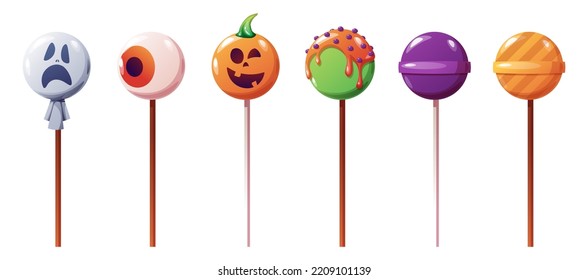 Halloween sweet lollipops, round lollipops. Vector cartoon set of caramel suckers with patterns, candy on a stick with a pattern of pumpkin, ghost