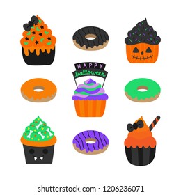 Halloween sweet pastry vector hand drawn set. Cute festive halloween holiday illustrations; decorated muffins, cupcakes and doughnuts.