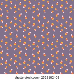 Halloween sweet seamless pattern with hand drawn candies. Candy corns on purple background. Cute print design for Halloween textile