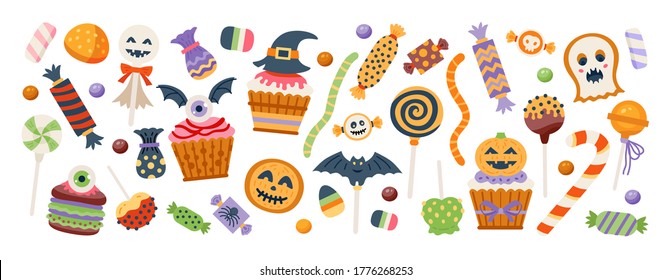 Halloween sweet set. Candies, candy cane and lollipop in scary candy cover of pumpkin, ghost and eyeball isolated in white background. Vector illustration. Good for holiday designs