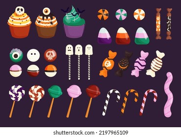 Halloween sweet set. Candy bar for trick or treat party. Sweets for children. Lollipops, candy, chocolate, ghosts, cupcake, skull, eyeball. Vector illustration in flat style