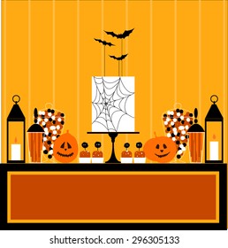 Halloween sweet table with  lanterns. Vector illustration