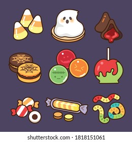 Halloween Sweet Treat Collection: Candy Corn, Marshmallow Ghost, Vampire Chocolate, Webby Macaroon, Sugar Pop, Poison Apple, Worm Jelly. Holiday Food Design Icon Vector Illustration Flat Drawing.