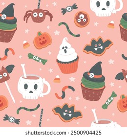 Halloween sweet treats cupcake cookie biscuit monster seamless pattern vector illustration