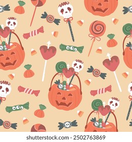 Halloween sweet treats pumpkin candy bag seamless pattern vector illustration