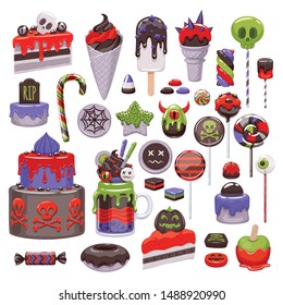 Halloween sweet treats set. Assorted candies, cookies and cakes. Vector illustration. Good for holiday designs.