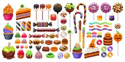 Halloween Sweet Treats Set. Candies And Snacks. - Hard Candy, Chocolate Egg And Bar, Candy Cane, Lollipop, Peppermint. Vector Illustration. Good For Holiday Designs.