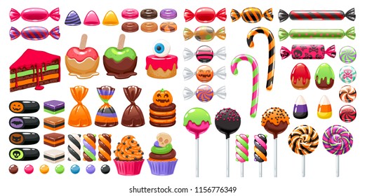 Halloween sweet treats set. Candies and snacks. - hard candy, chocolate egg and bar, candy cane, lollipop, peppermint. Vector illustration. Good for holiday designs.
