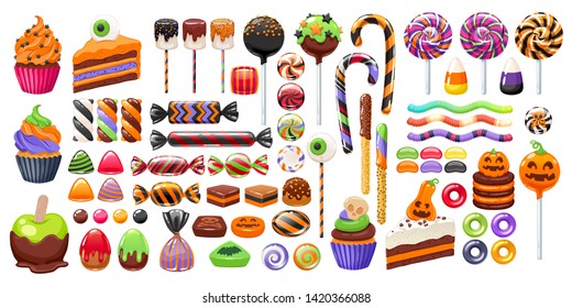 Halloween sweet treats set. Candies and snacks. - hard candy, chocolate egg and bar, candy cane, lollipop, peppermint. Vector illustration. Good for holiday designs.