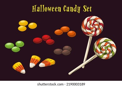 Halloween sweet treats set. Candies and snacks. Hard candy, lollipop, candy corn. Vector illustration. Good for holiday designs.