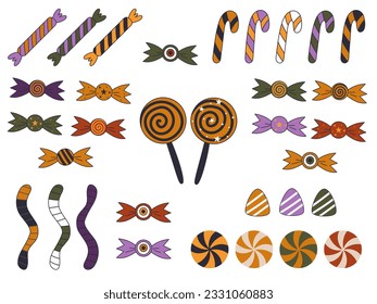 Halloween sweet treats set. Candies and snacks. Halloween candy. Trick or treat party. Cartoon candies vector.