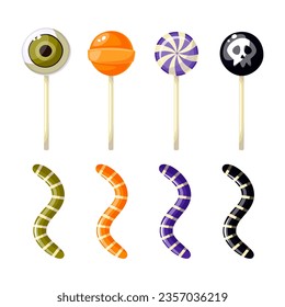 Halloween sweet treats set. Candies and lollipops - hard candies, lollipop, gummy snake, chocolates. Vector illustration. Elements for holiday projects, postcards, designs, banners.