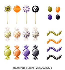 Halloween sweet treats set. Candies and lollipops - hard candies, lollipop, gummy snake, chocolates. Vector illustration. Elements for holiday projects, postcards, designs, banners.