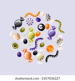 Halloween sweet treats set. Candies and lollipops - hard candies, lollipop, gummy snake, chocolates. Vector illustration. Round template for creating designs, posters, postcards and banners.
