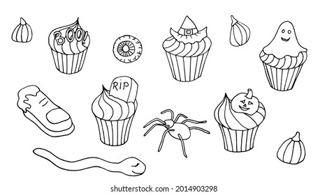 Halloween sweet treats set. Holiday food in hand drawn style. Esoteric and mystery symbols for stickers, badges, print