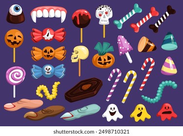 Halloween sweets. Autumnal holiday candies. Scary kids lollipops. Spooky jellies and cookies. Witch fingers. Skulls and ghosts. Chocolate bonbons. Splendid vector