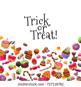 Halloween sweets background with greetings. Candies and snacks. - hard candy, chocolate egg and bar, candy cane, lollipop, peppermint. Vector illustration. Good for holiday designs.