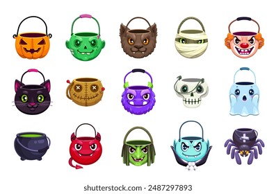 Halloween sweets bucket, bags and baskets for trick or treat candies isolated vector set. Zombie, vampire, pumpkin, ghost, devil, pot and black cat with skull or witch, mummy, clown or werewolf faces