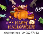 Halloween sweets bucket with candies and monster hands. Vector menacing banner with clawed arms, eagerly reach towards a bag with desserts, grasping a tempting sweets for a spooky and delightful treat