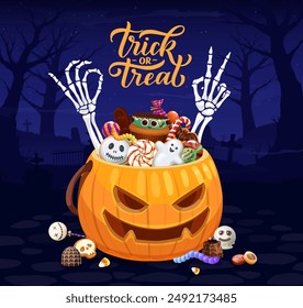 Halloween sweets bucket with candies and skeleton hands. October holiday or Happy Halloween event vector background. Fall season scary celebration backdrop with creepy candies in pumpkin lantern