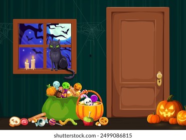 Halloween sweets bucket, pumpkin lantern scatter at home doorway and black cat sitting on window with glowing candles at horror night. Vector trick or treat party scene brimming with colorful treats