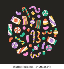 Halloween sweets and candies collection. Happy Halloween. Vector illustration in flat style