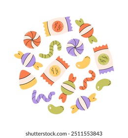 Halloween sweets and candies collection. Happy Halloween. Vector illustration in flat style