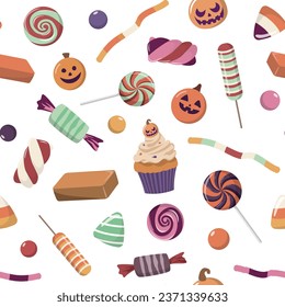 Halloween sweets and candies pattern in pastel colors. Vector background with Halloween candies. Many types of spooky desserts. Isolated on white background. Hand drawn delicious sweets.