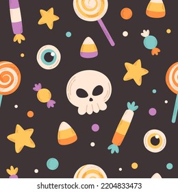 Halloween sweets and candies seamless pattern. Happy Halloween elements. Trick or treat. Flat, hand drawn texture for wallpaper, textile, fabric, paper.  Hand drawn vector illustration