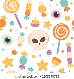 Halloween sweets and candies seamless pattern. Happy Halloween elements. Trick or treat. Flat, hand drawn texture for wallpaper, textile, fabric, paper.  Hand drawn vector illustration