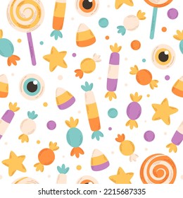 Halloween sweets and candies seamless pattern. Happy Halloween elements. Trick or treat. Flat, hand drawn texture for wallpaper, textile, fabric, paper.  Hand drawn vector illustration