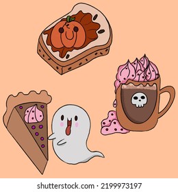 halloween sweets cheesecake coffee pumpkin jam sandwich illustration