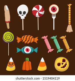 Halloween sweets cnady for kids in traditional holiday. Colorful vector candies decorated or halloween elements and ornaments. Isolated icons