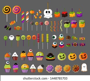 Halloween sweets collection. Big candy  set. Popular Halloween isolated desserts, sweets for children. Jelly, candy corn, cupcakes, gingerbread, candy cane, lollipop, apples.Hand drawn Halloween food.