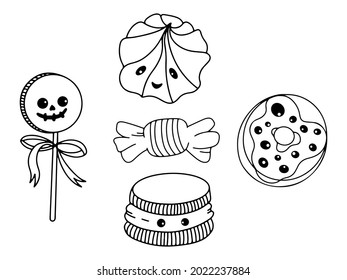 halloween sweets collection. Cute candy line art illustration. Trick or treat set