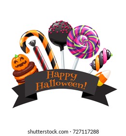 Halloween sweets colorful badge with greeting on black ribbon. Pumpkin cupcake, candy cane, lollipops and candy corn holiday design.