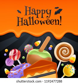 Halloween Sweets Colorful Party Background With Lollipop, Candy Corn, Cake Pops, Caramel, Apple And Donut, Good For Holiday Design. Dripping Orange Background With Greetings.